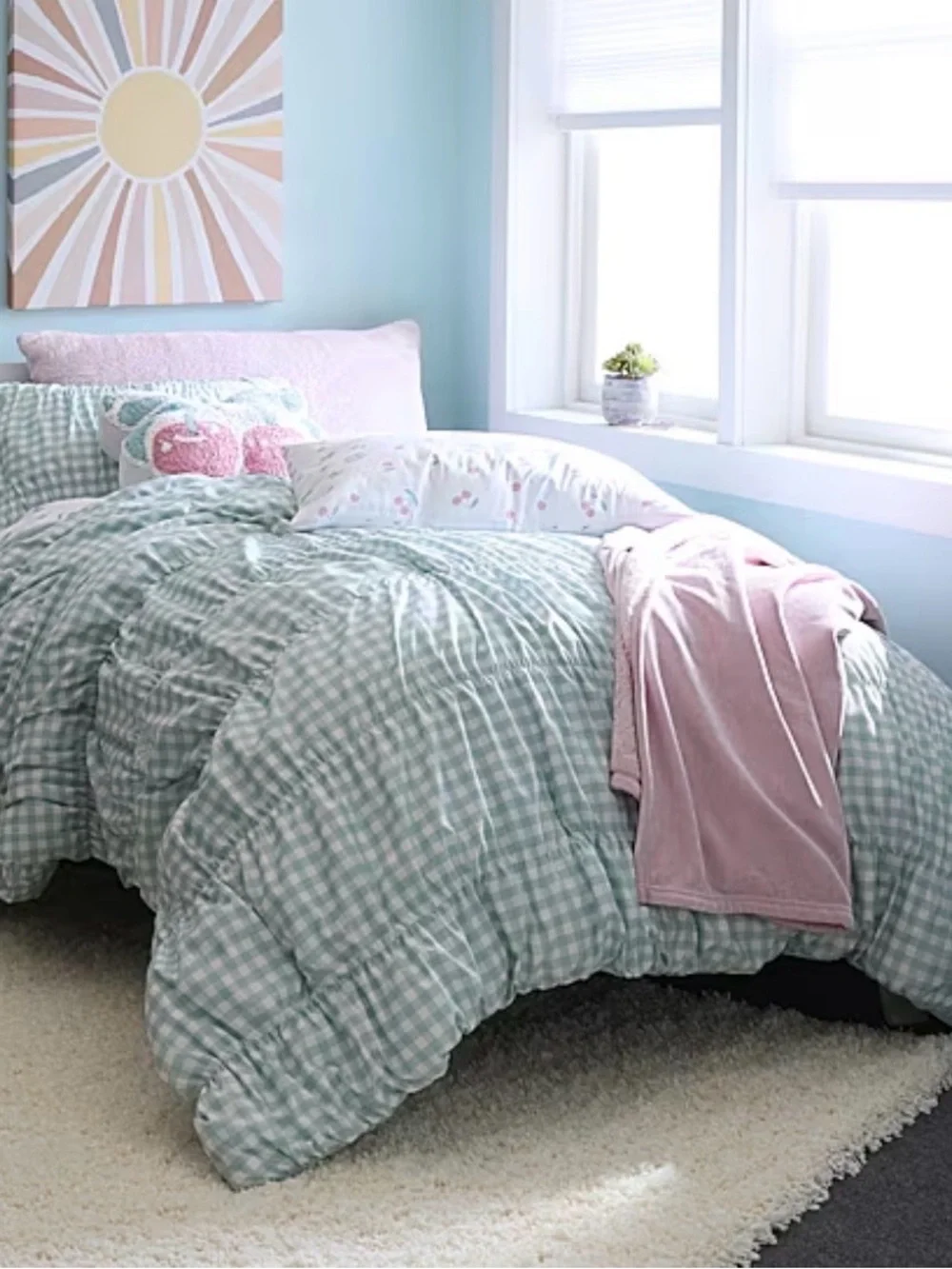 Sea Foam Green Gingham Ruched TWIN / TWIN XL Comforter Set ~ Cottage Charm